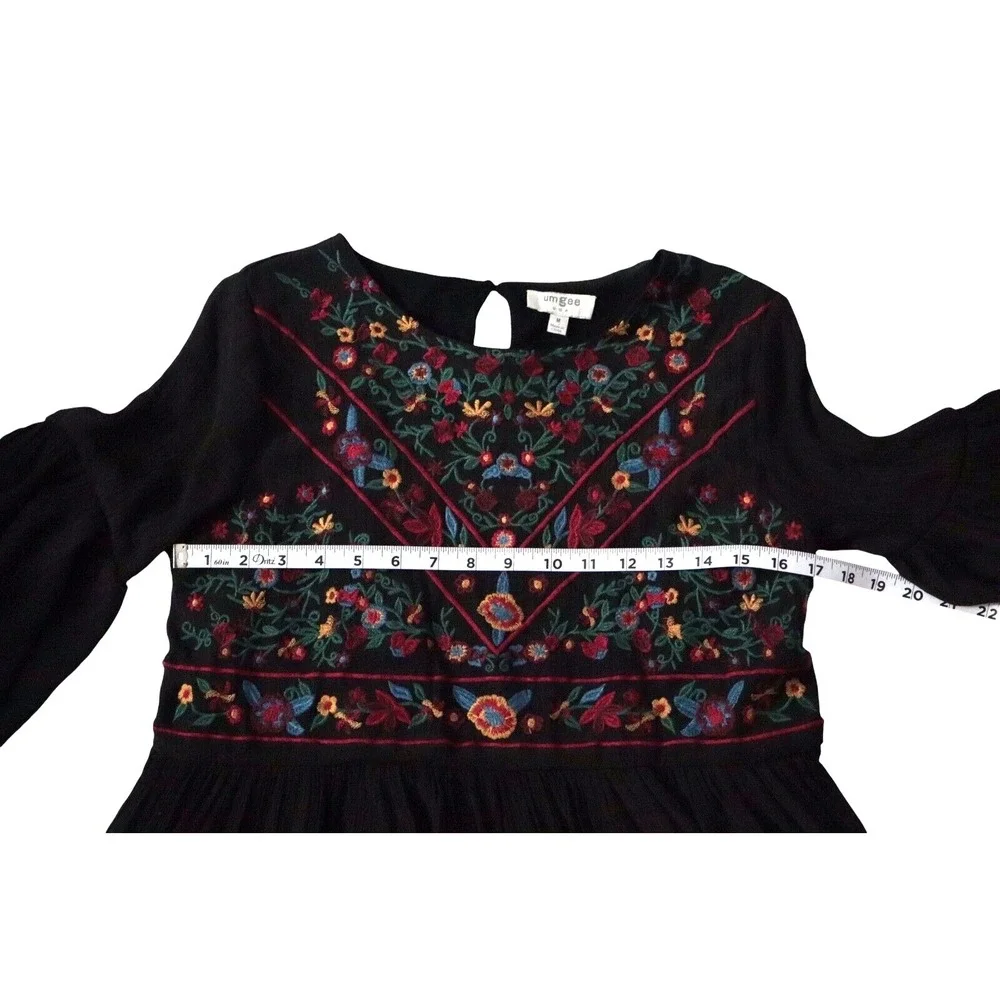 Umgee Women's Midi Dress Embroidered Floral Boho Prints Size M‎ Puff Sleeves